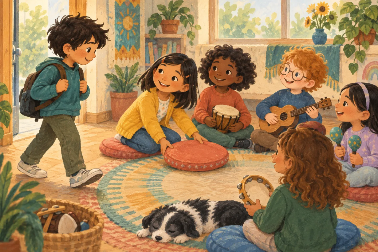 Sam joining a music circle while another child moves a cushion to make room.