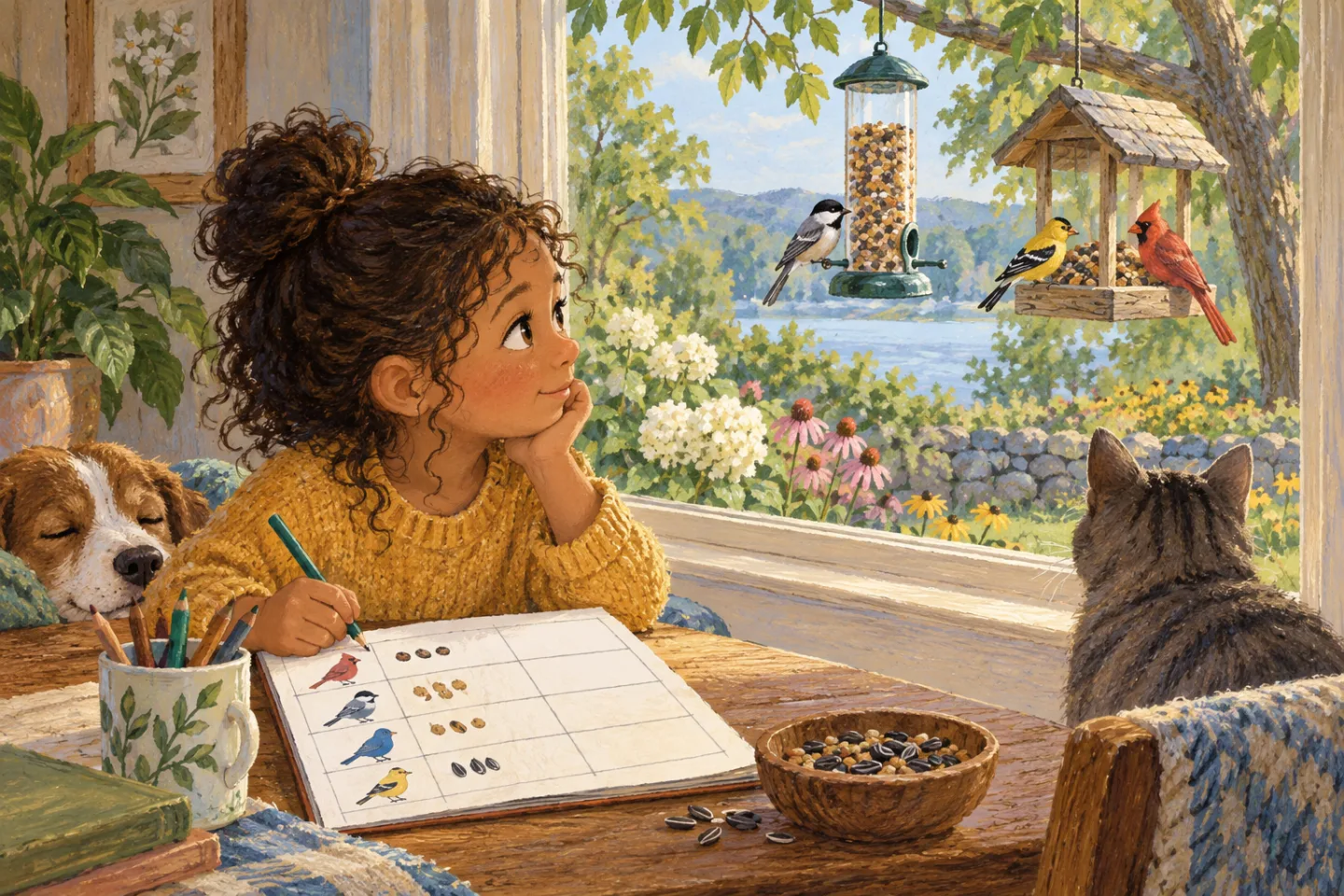 Bea watching two bird feeders from indoors while making a simple chart.