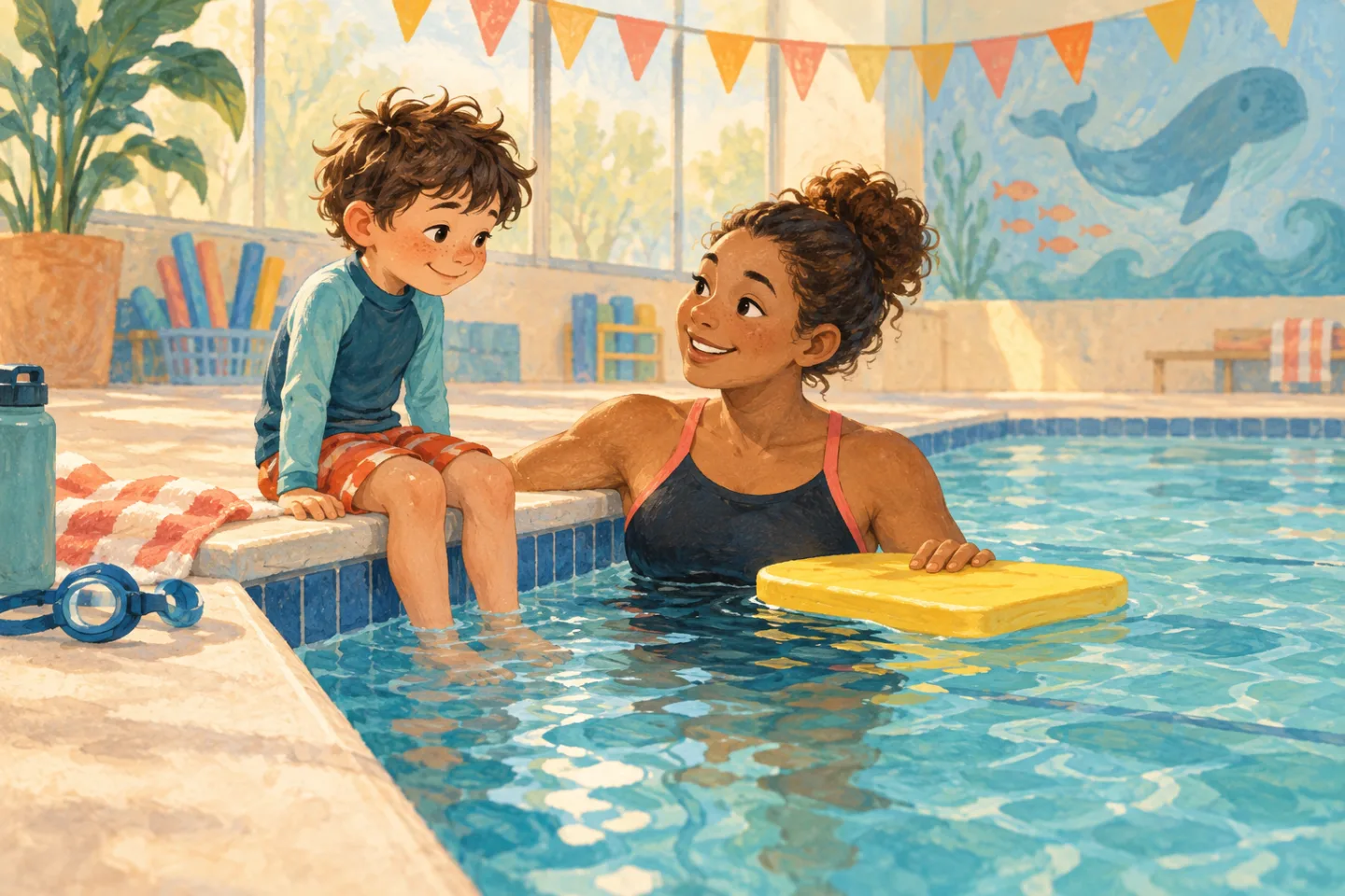 Benji sitting at the pool edge with a swim coach and a yellow floating board.