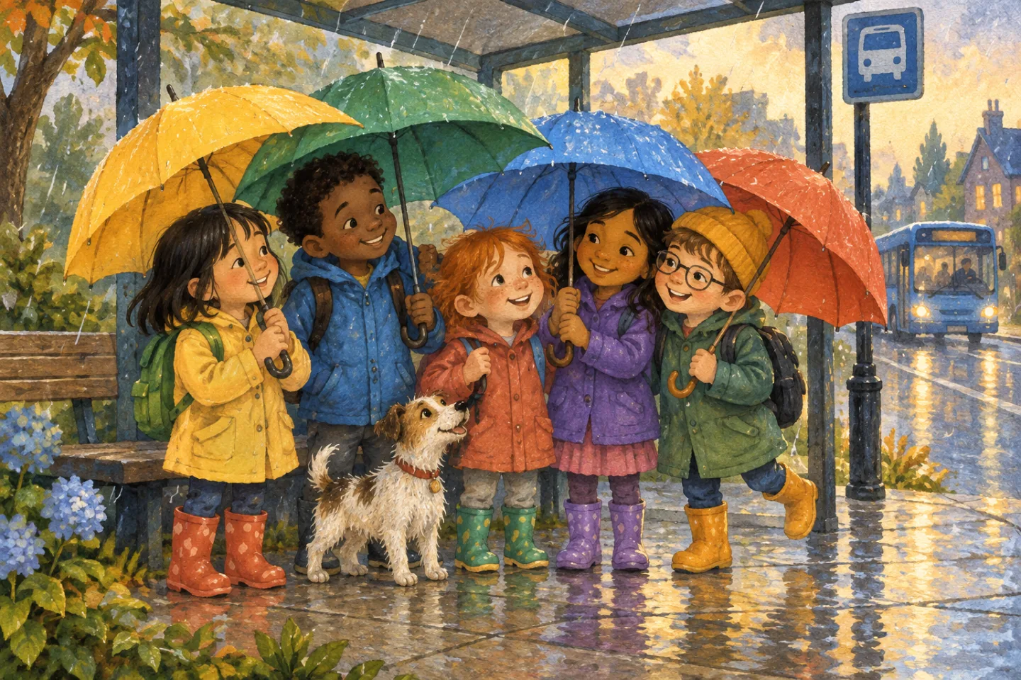 Children sharing colorful umbrellas together at a rainy bus stop.