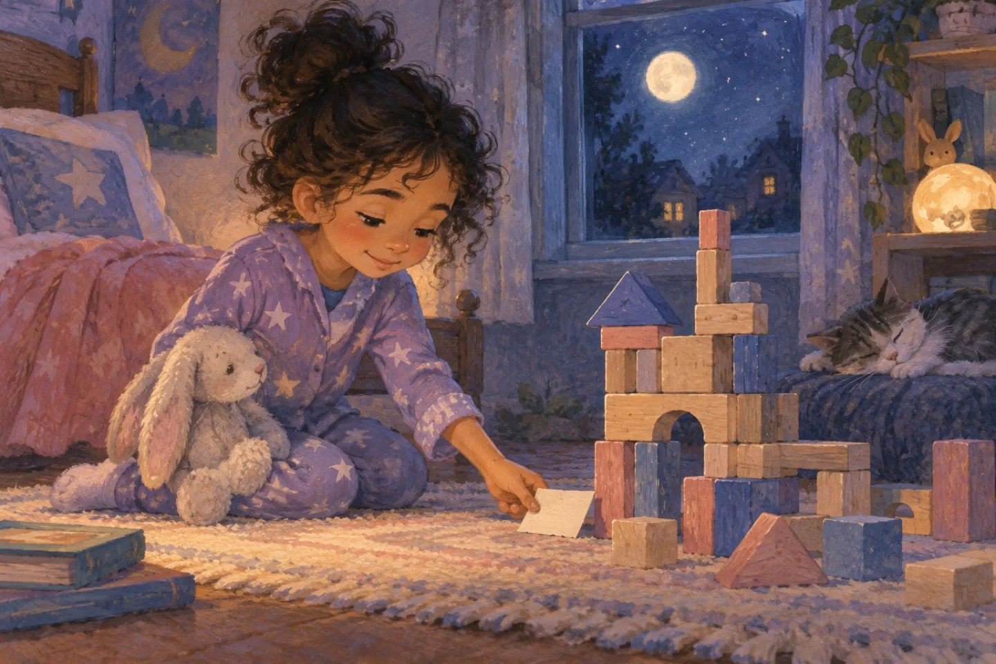 Celeste placing a small note beside an unfinished block tower before bedtime.