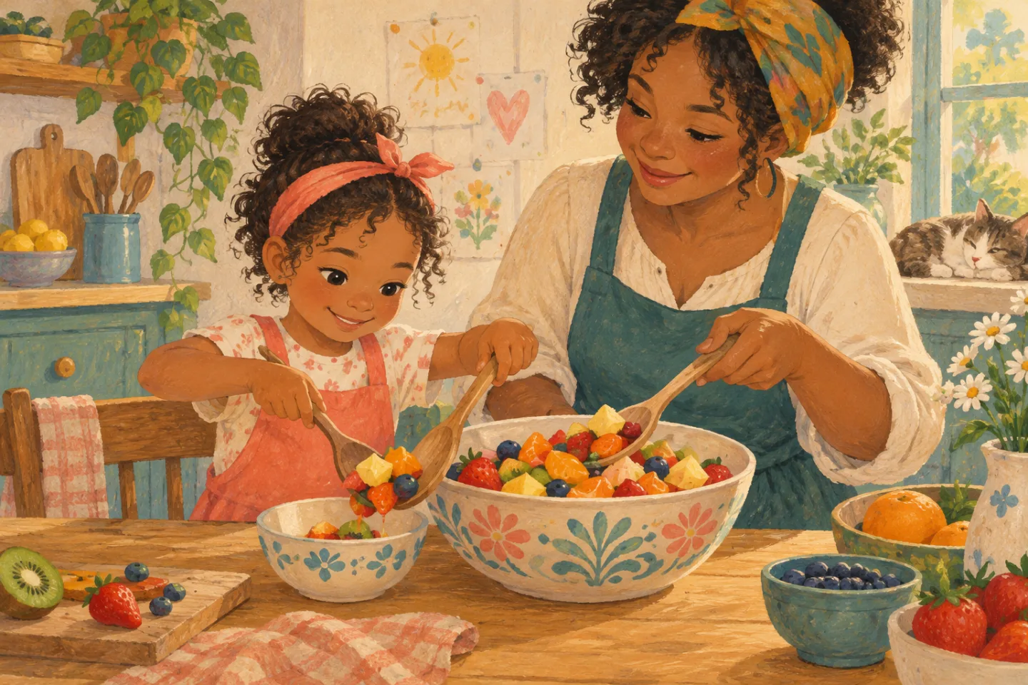 June and her aunt using two spoons to serve a colorful fruit salad.