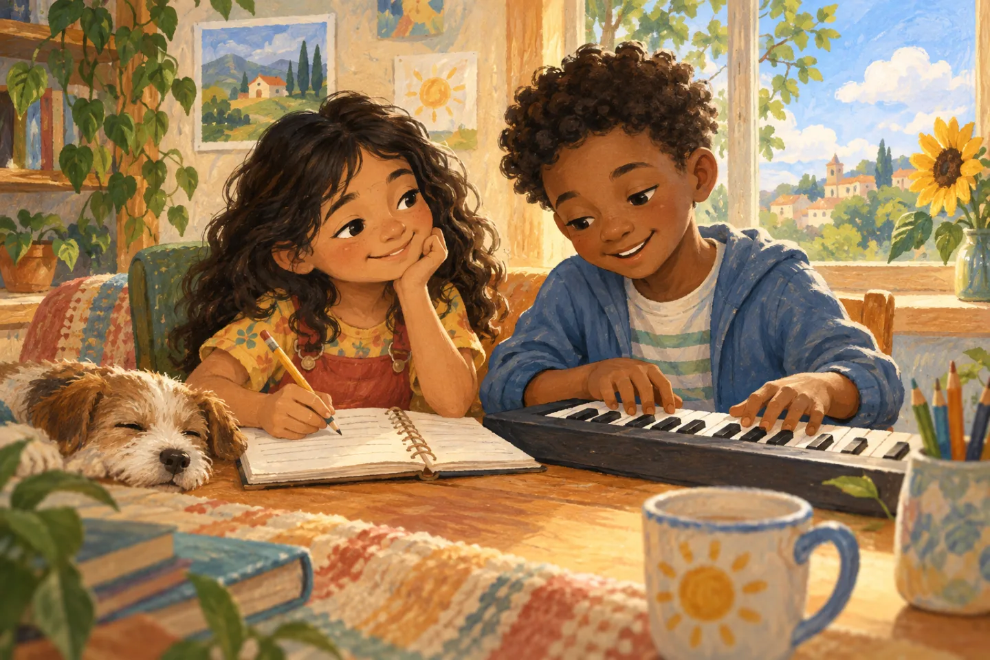 Maria and Devon composing a song together with a small keyboard and notebook.