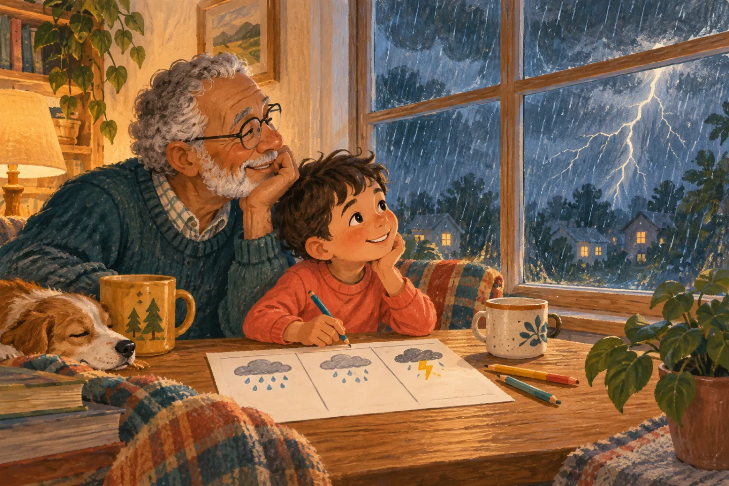 Milo and Grandpa watching rain safely through a window while making a thunder chart.