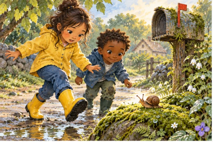 Illustrated scene 1 from Mossy Mailbox Morning.