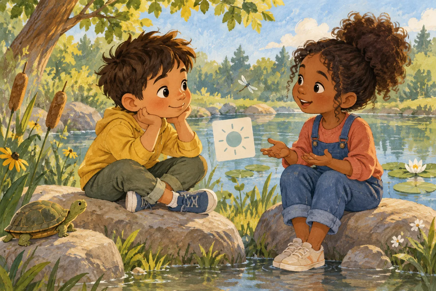 Niko and a friend talking beside a pond, with a small pause card between them.