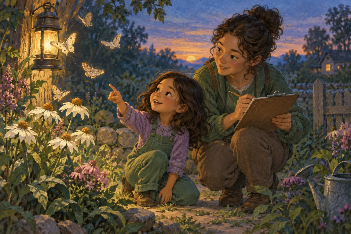 Nina and an adult counting moths near flowers with a clipboard at dusk.