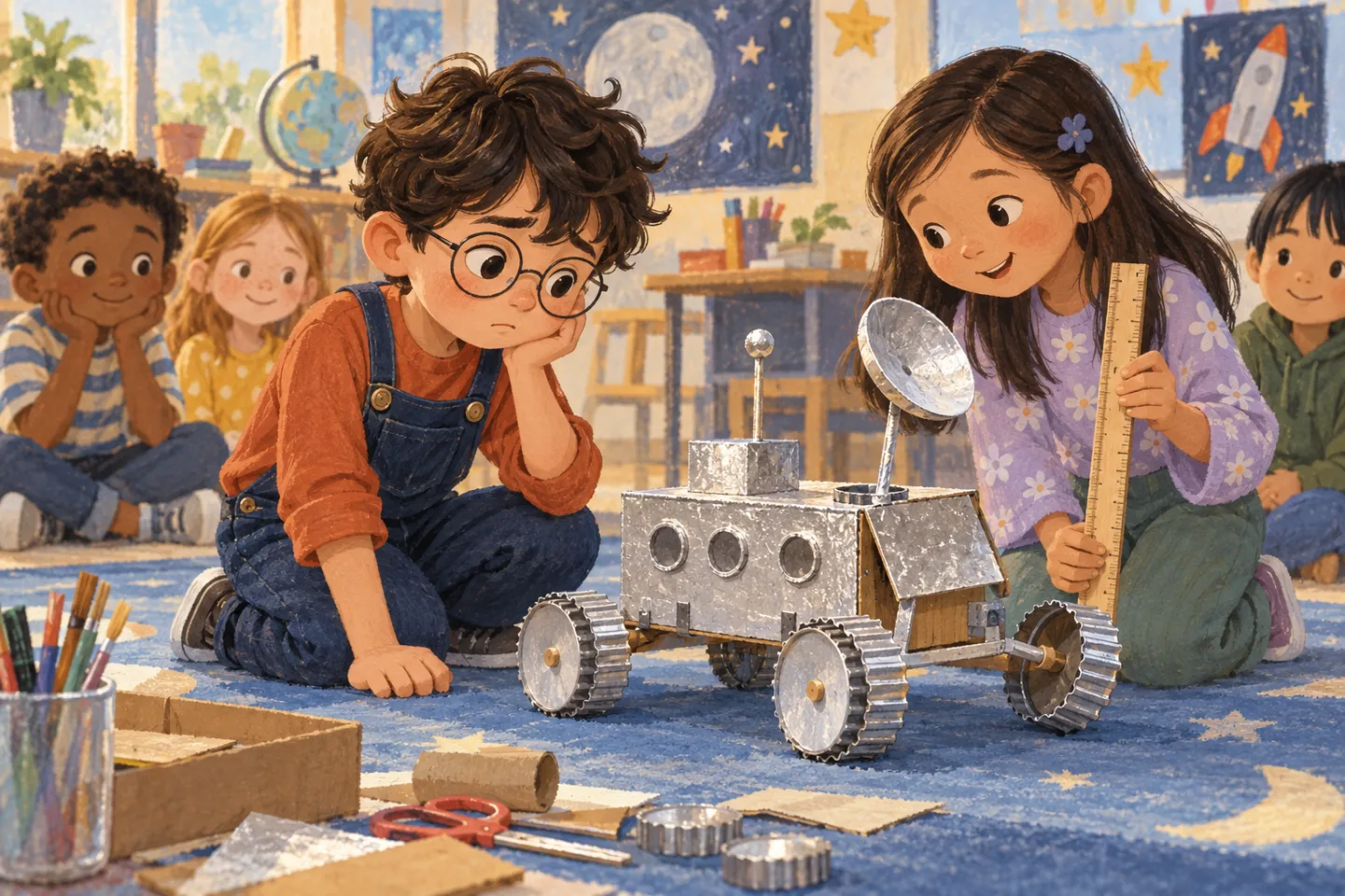 Ollie kneeling beside a handmade cardboard moon rover with one crooked wheel.