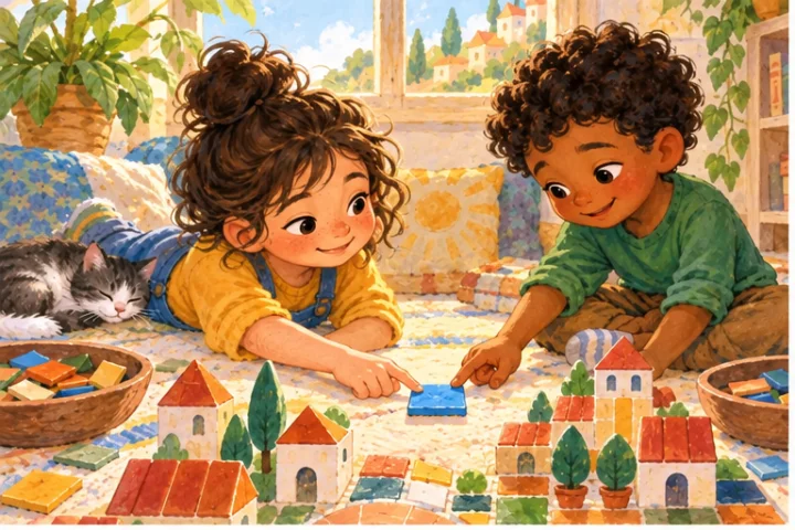 Illustrated scene 1 from Pepper and the Last Blue Tile.