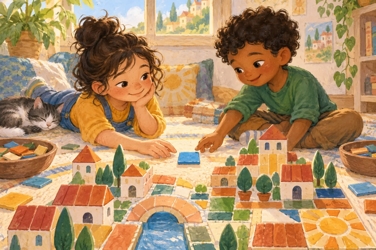 Two children building a colorful tile town with one blue tile between them.