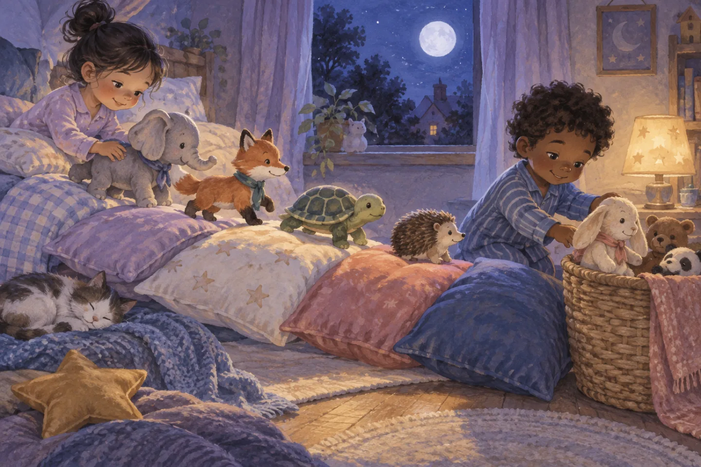 Children guiding toy animals over pillows toward a toy basket at bedtime.