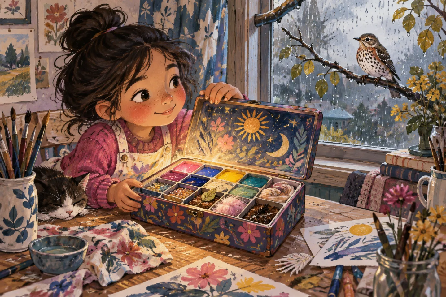 Luz using a paintbox labeled with descriptive words beside a simple sentence.