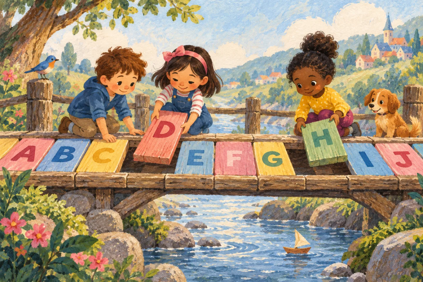 Children repairing a playful alphabet bridge with letter-shaped wooden planks.