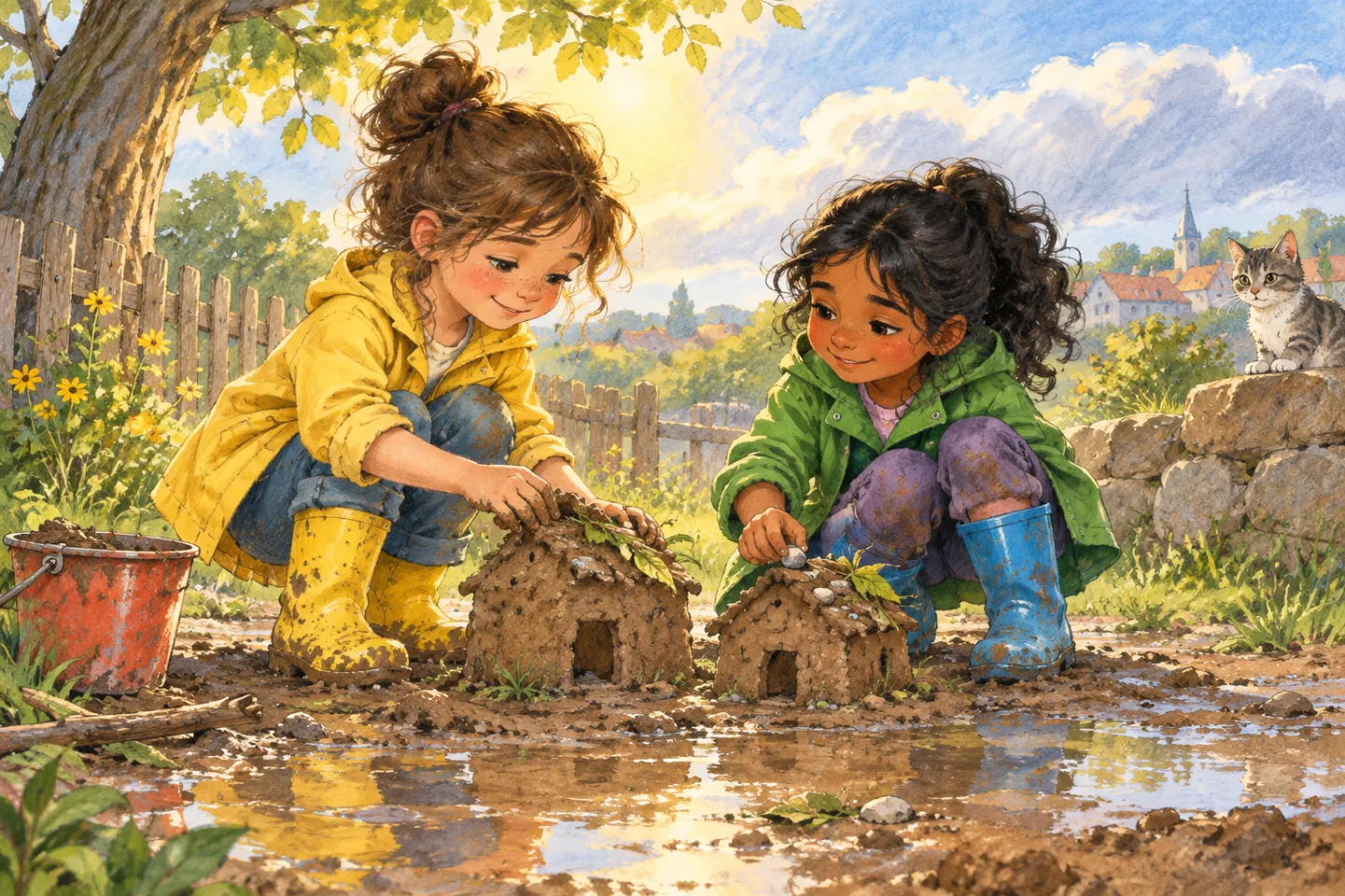 Tess and Noor rebuilding small mud houses in rain boots after a puddle splash.