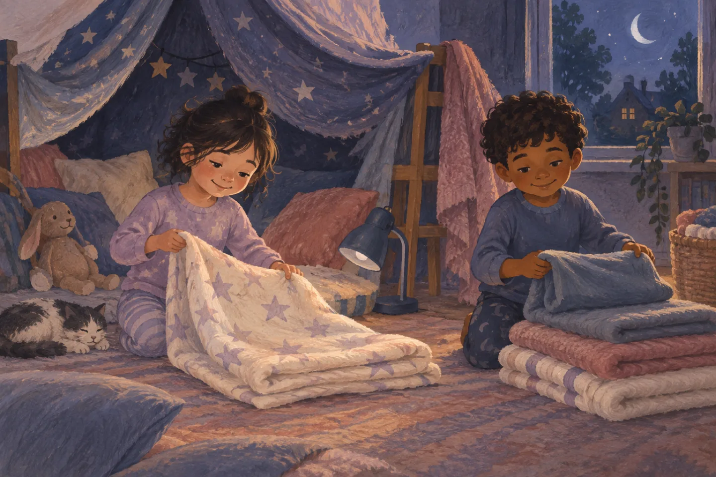 Two siblings folding blankets after switching off a small safe reading lamp.