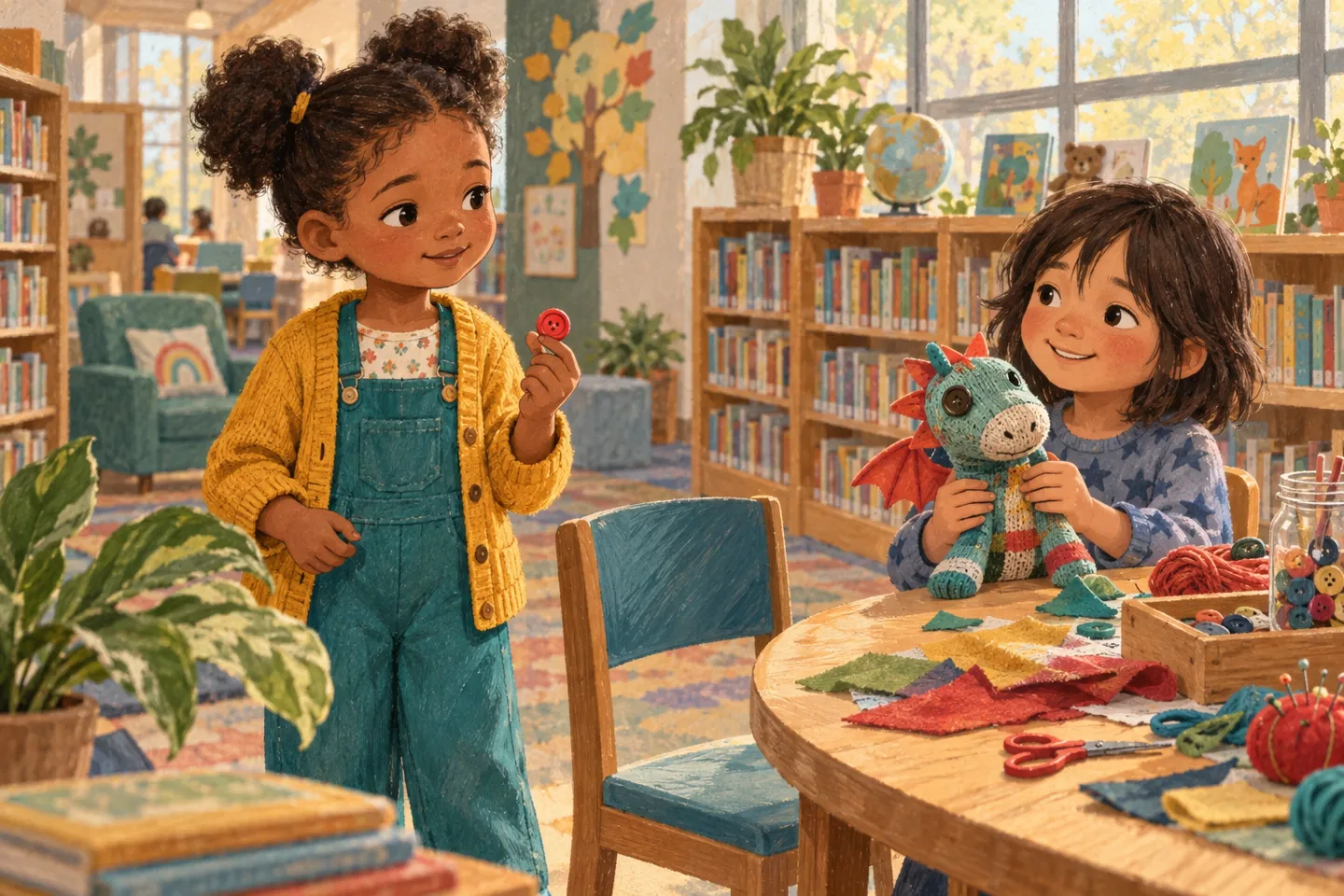 Mina holding a bright red button beside a friendly library craft table.