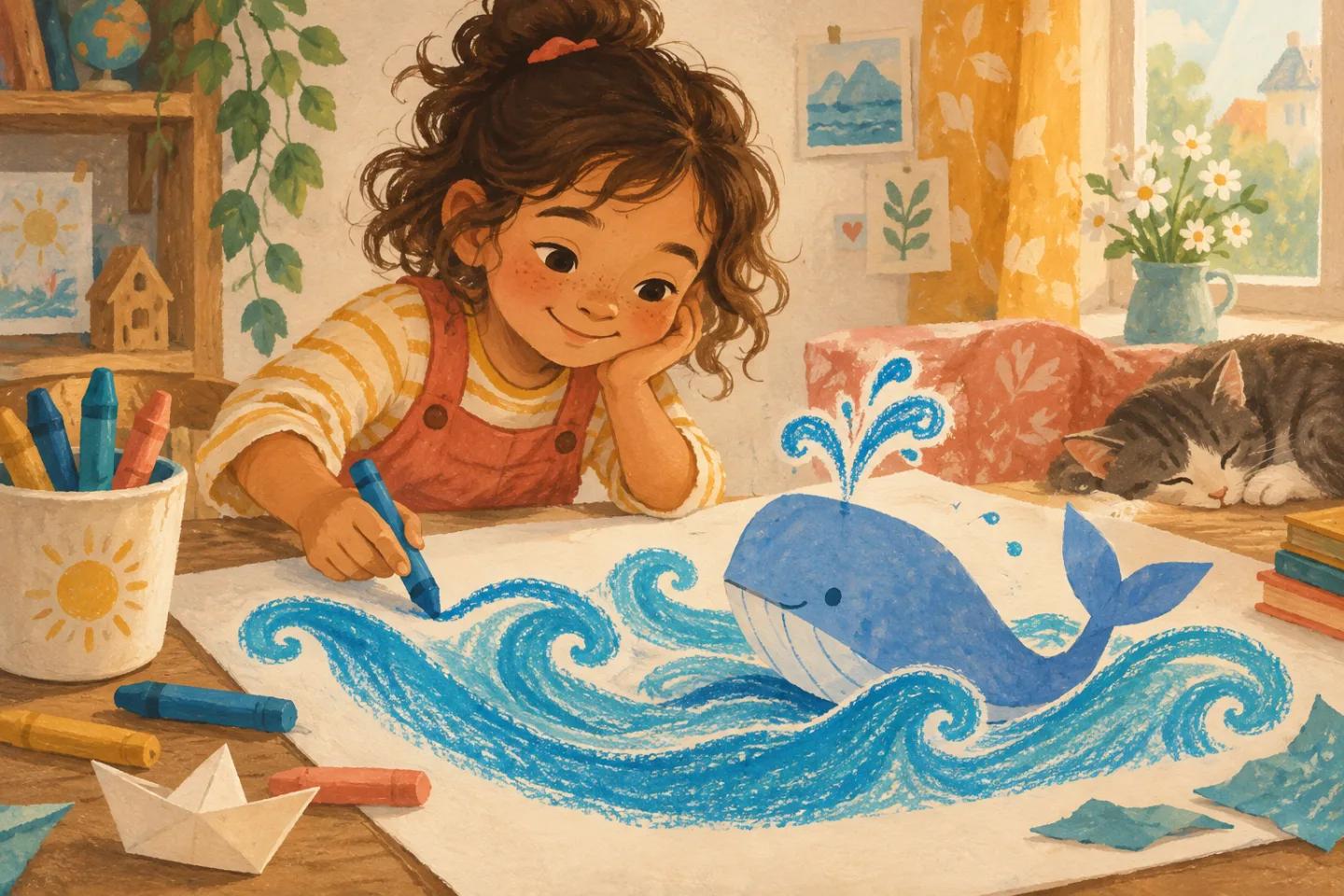 Nora turning a blue crayon mark into waves around a paper whale.