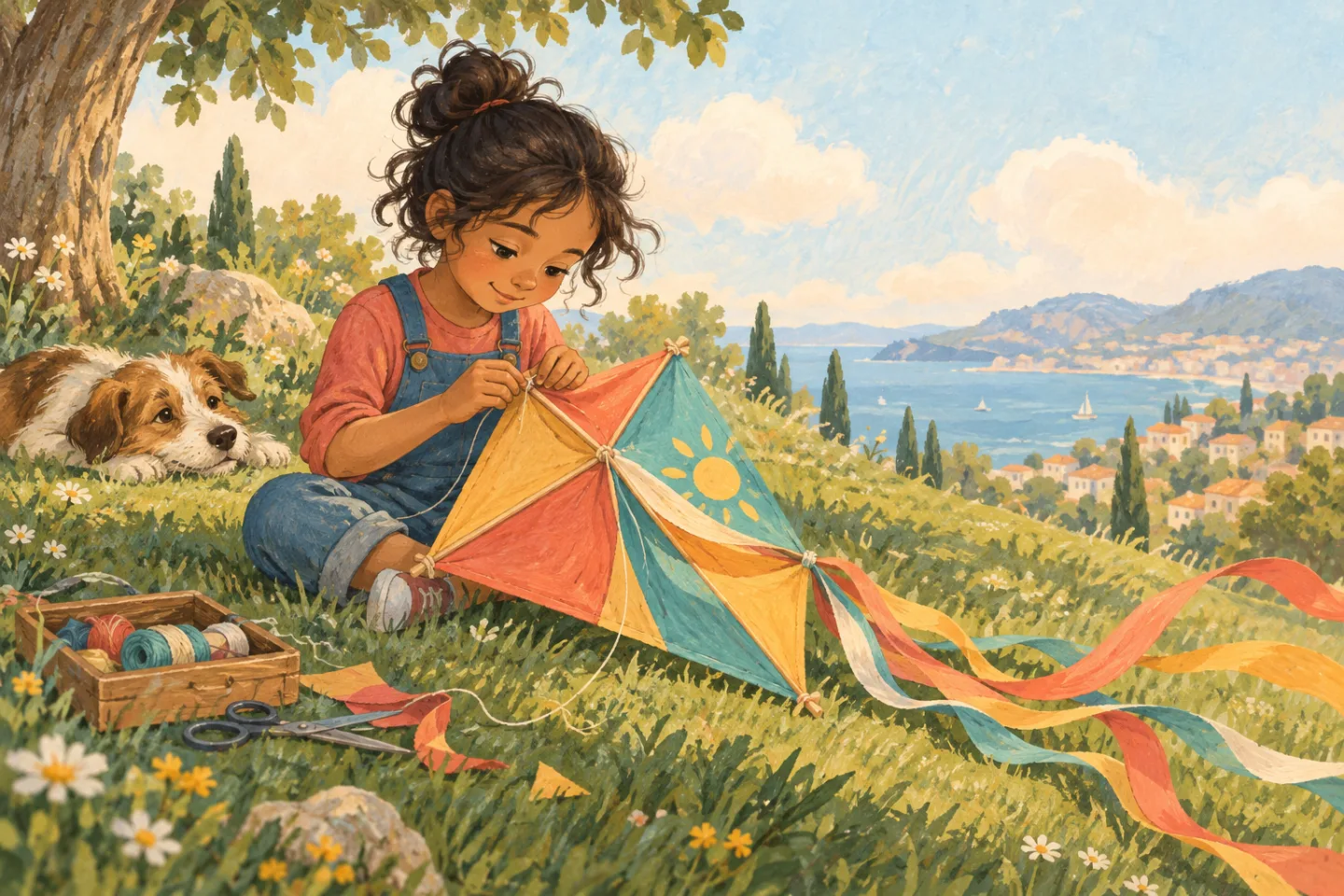 Suri repairing a bright kite on the grass with a longer ribbon tail.