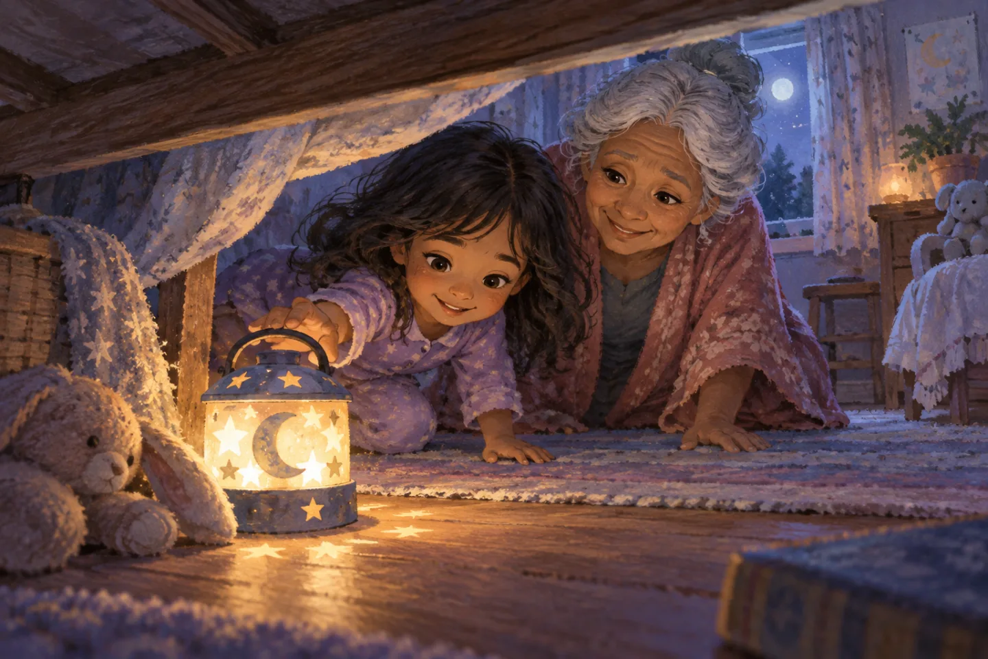 Asha and her grandmother discovering a glowing toy lantern under the bed.