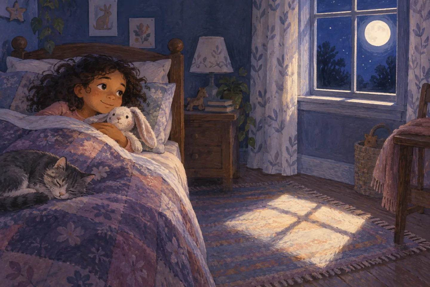 Leni tucked in bed while moonlight makes a soft square on the floor.