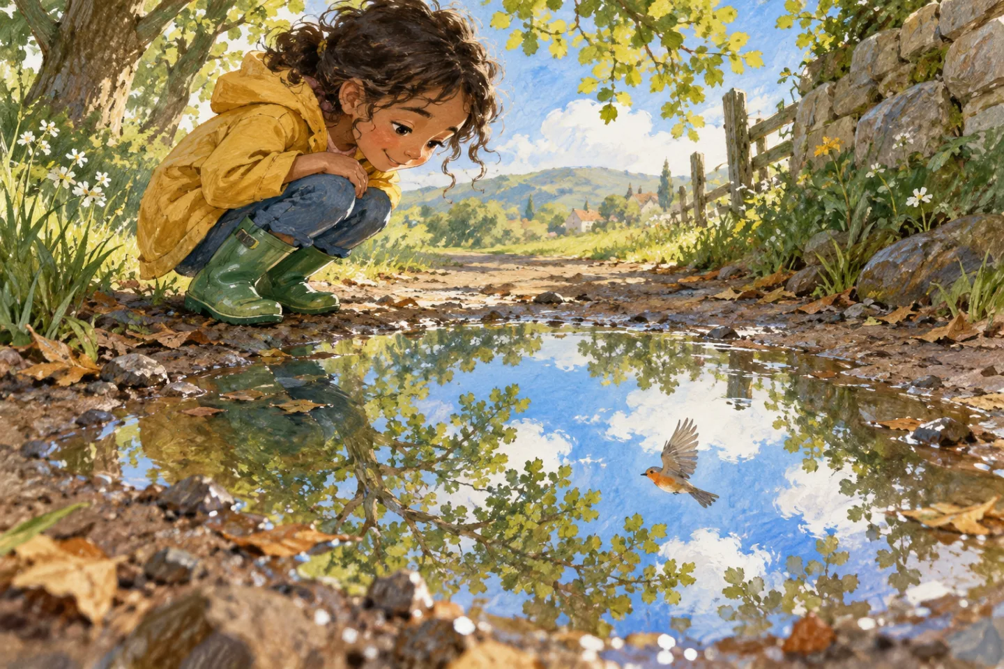 A child looking into a puddle reflecting blue sky, tree branches, and a bird.
