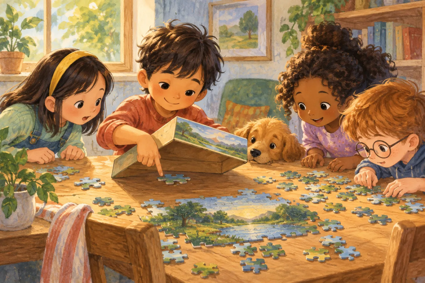 Jun pointing to a puzzle piece hidden beneath the box while friends search the table.