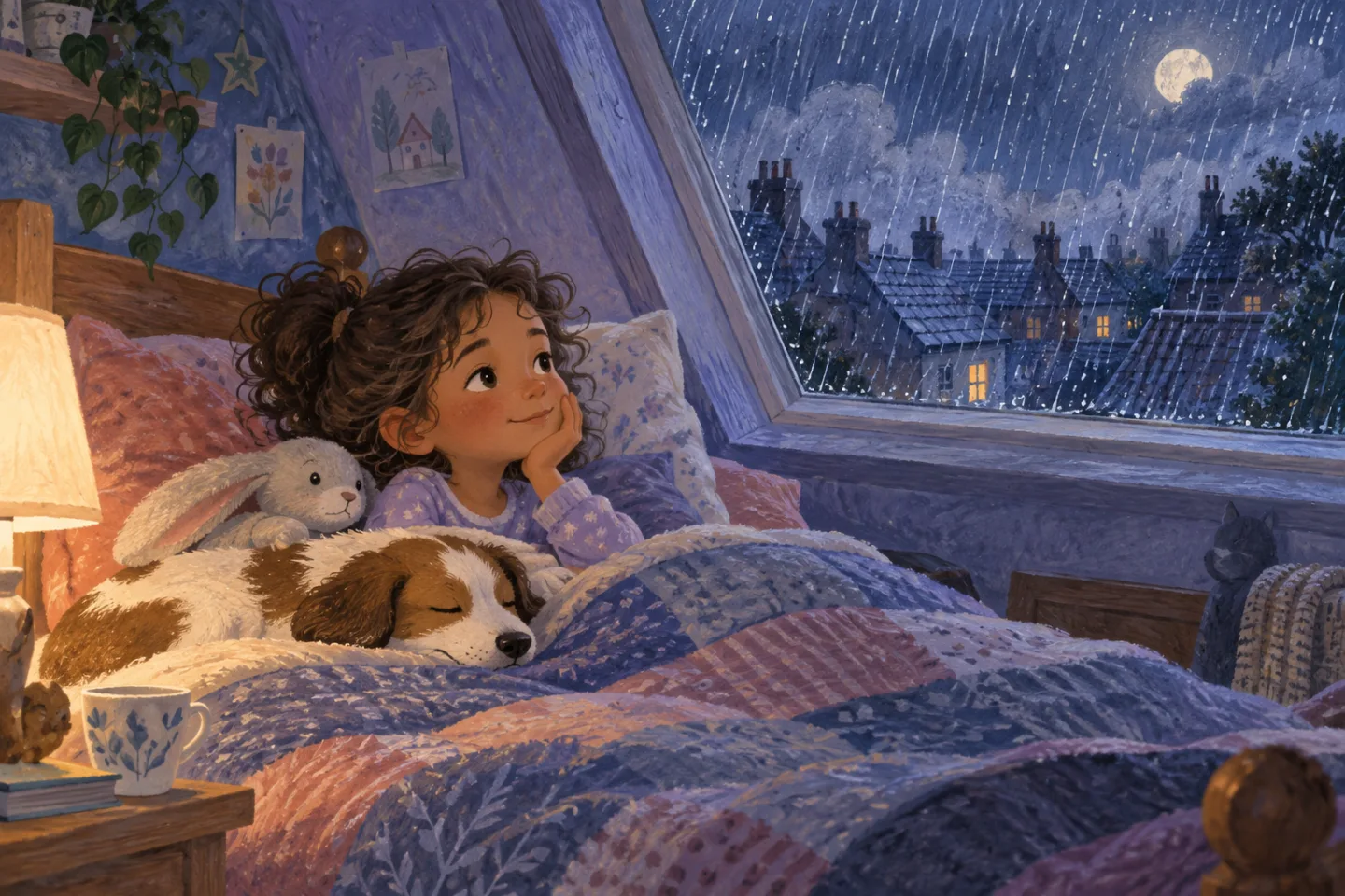 Juno resting in bed while rain taps different rhythms on the roof.