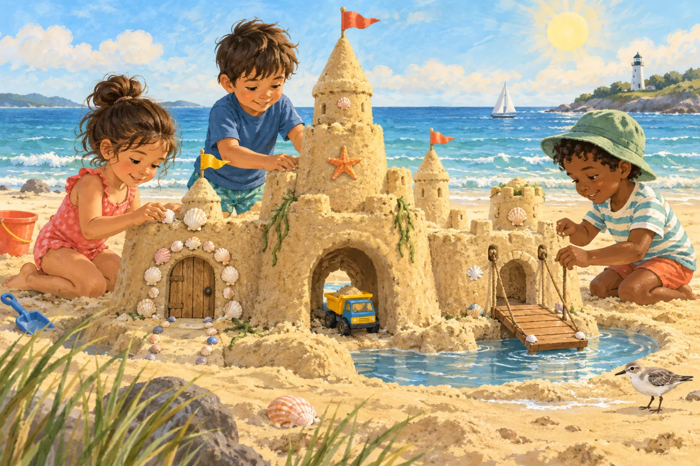 Three children building a sandcastle with a shell door, tunnel, and drawbridge.
