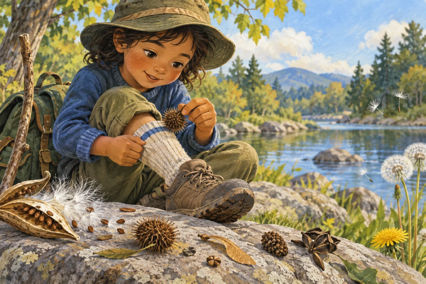 Kai examining a burr stuck to a sock beside seeds, pods, and dandelion fluff.