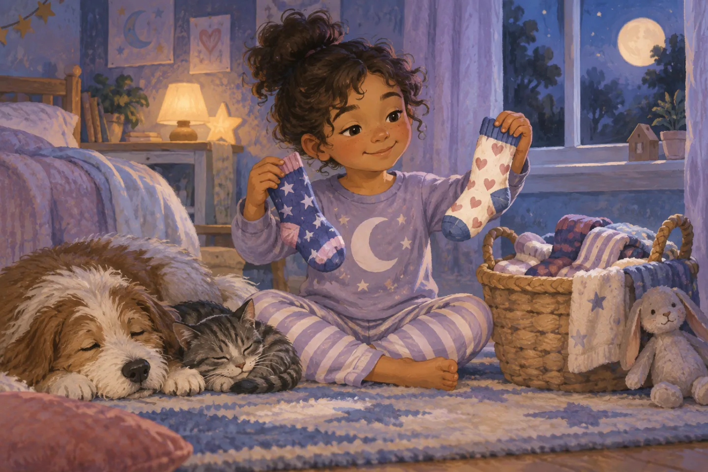 Remy smiling at two different colorful socks beside a tidy bedtime basket.