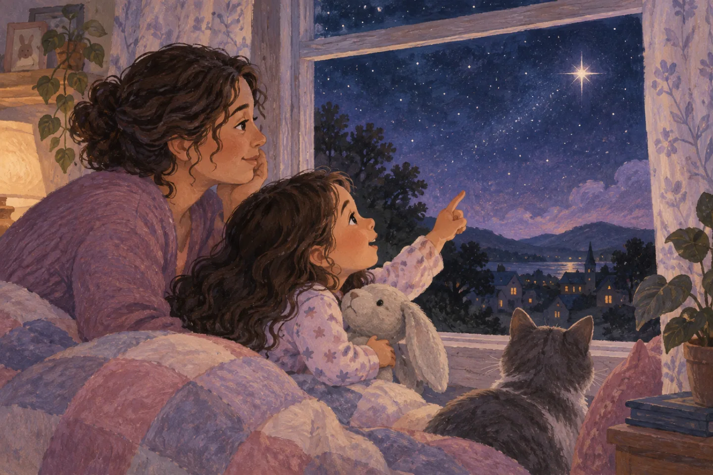 Mara and an adult looking through a window at a bright point in the night sky.