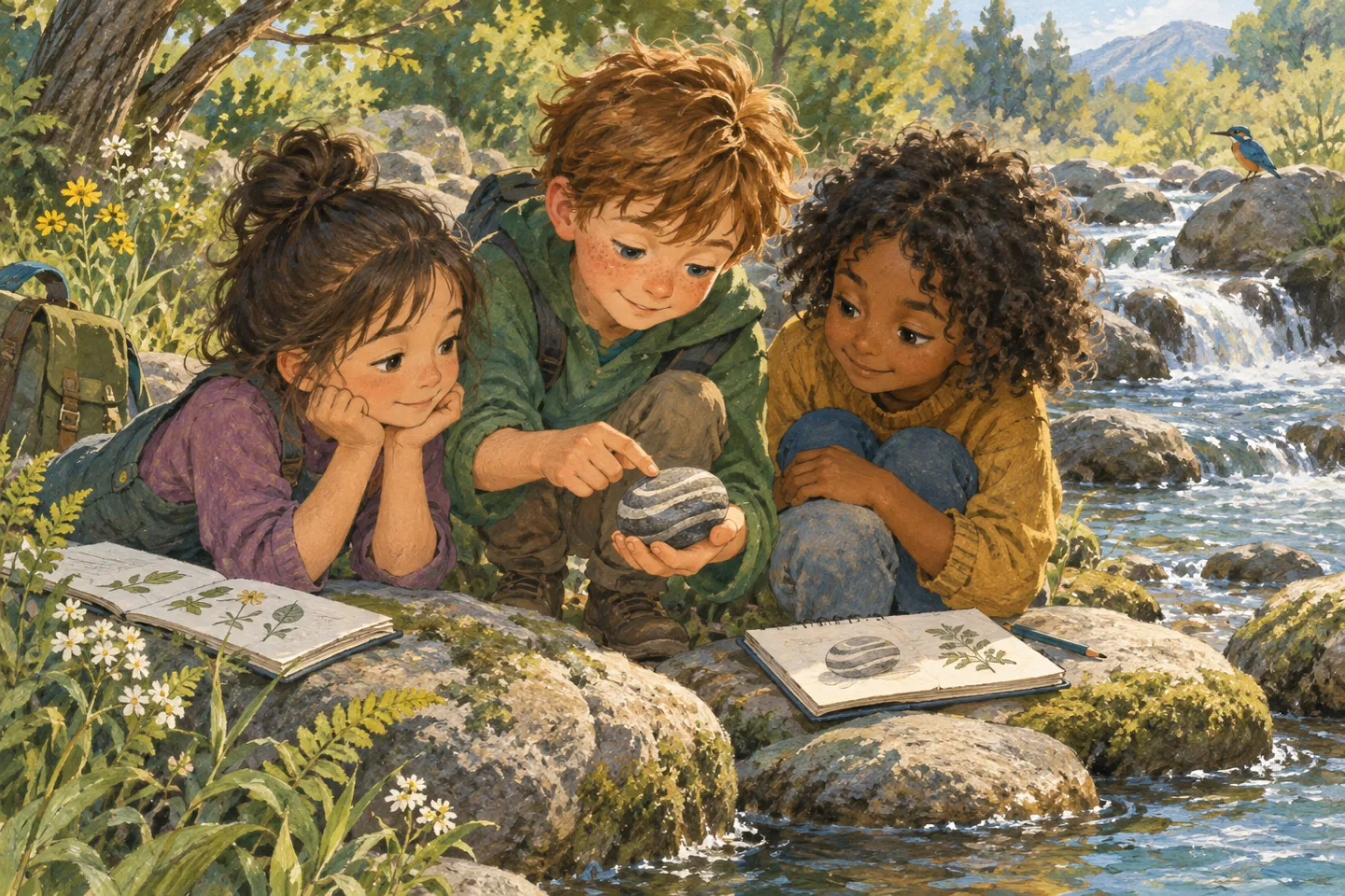 Three children studying a striped stone with sketchbooks beside a stream.