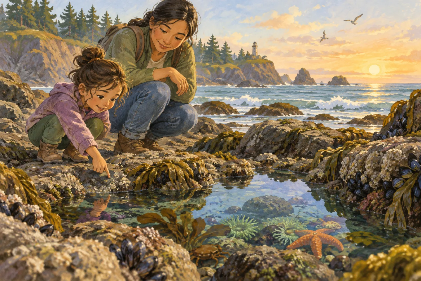 Rae and an adult observing a rocky tidepool from a safe distance.