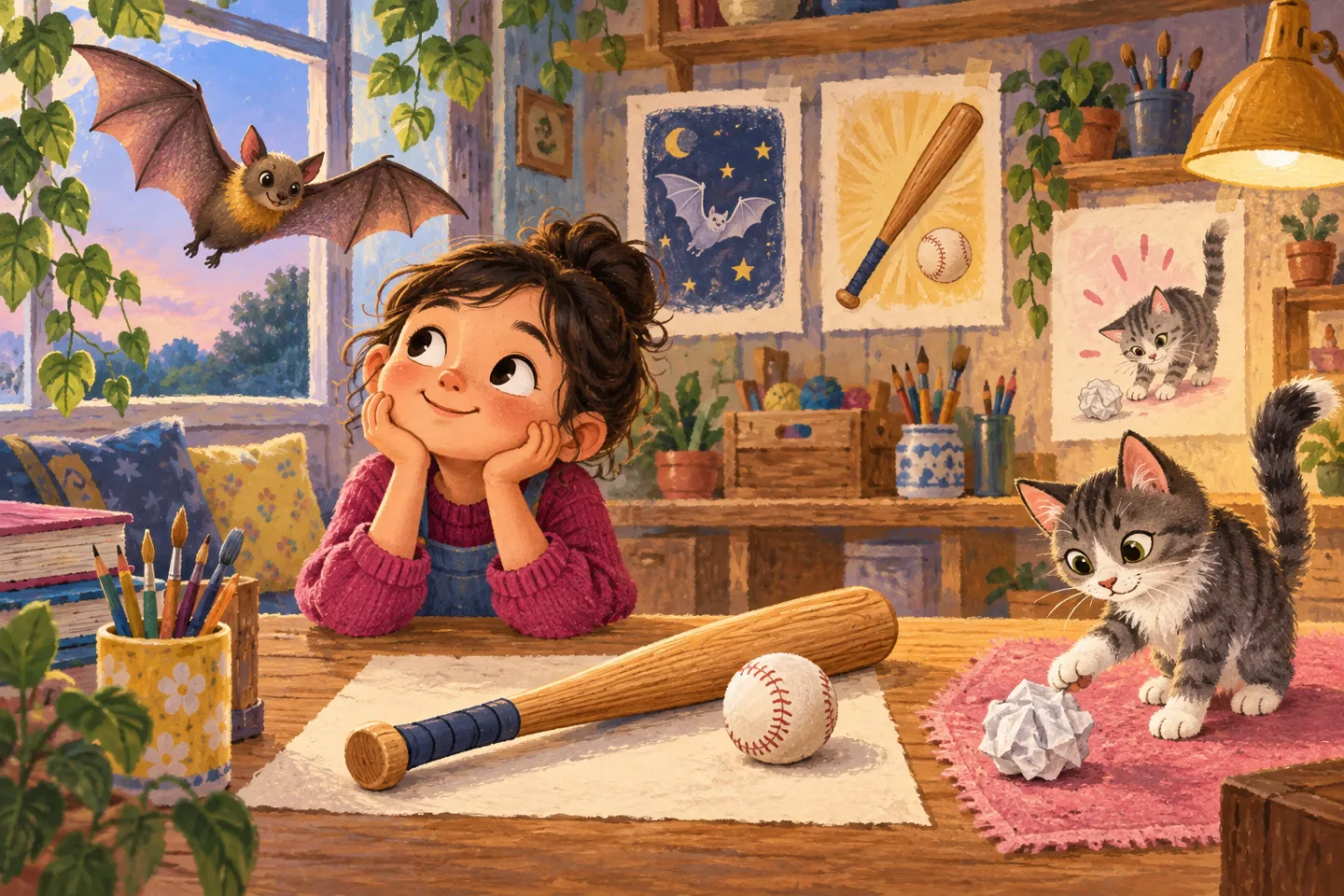 A child comparing a flying bat, a baseball bat, and the verb bat in playful panels.