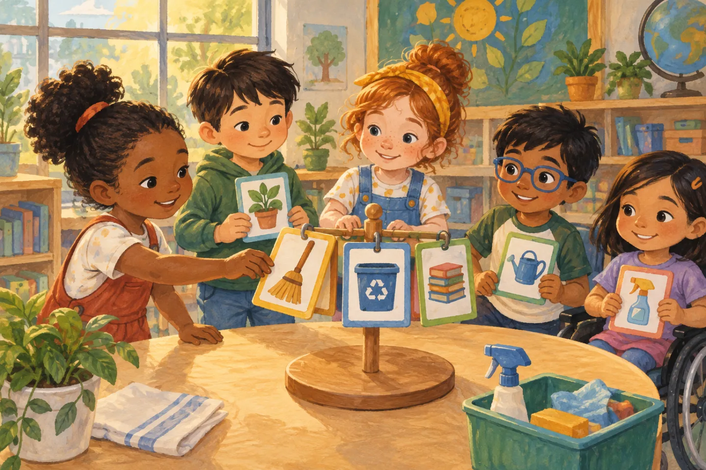 A diverse group of children rotating classroom cleanup job cards fairly.