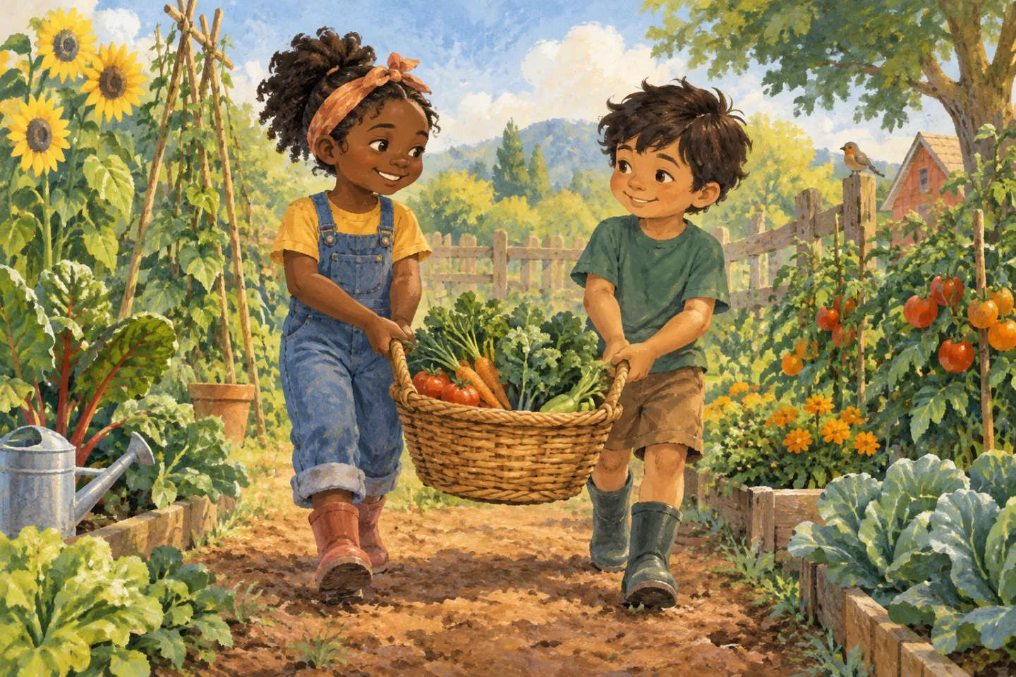 Imani and Leo carrying a garden basket together between rows of vegetables.