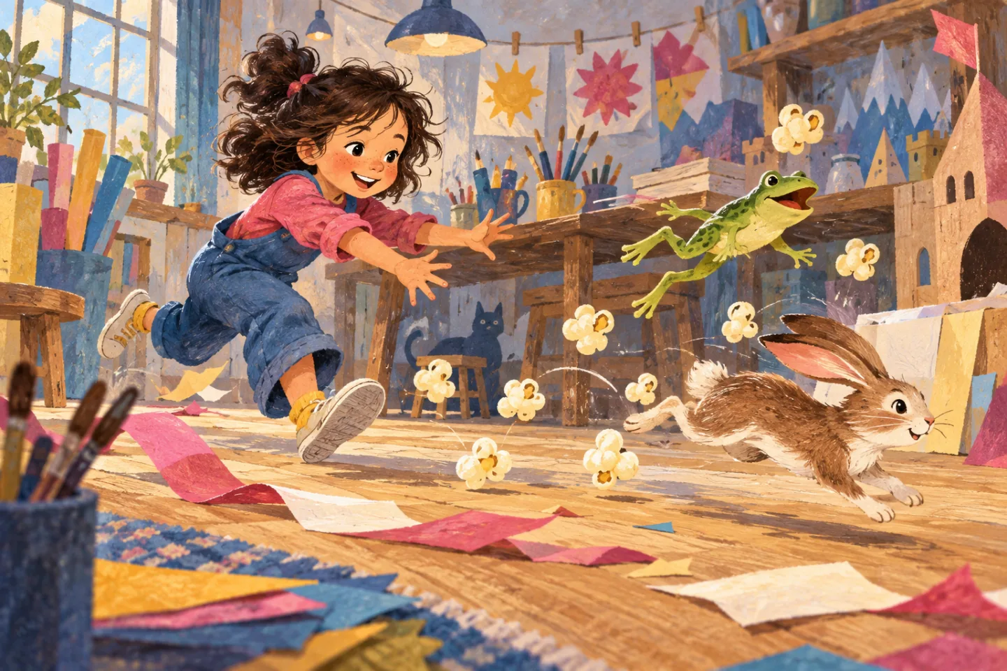 A lively child chasing colorful action words through a paper workshop.