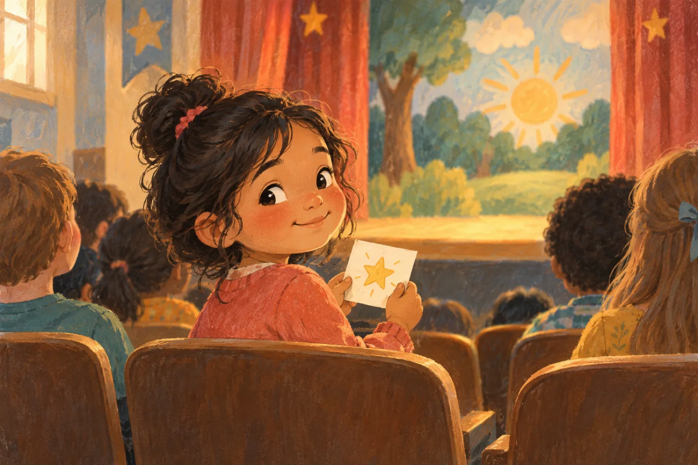 Aya in the front row holding a small card with a star drawn on it.