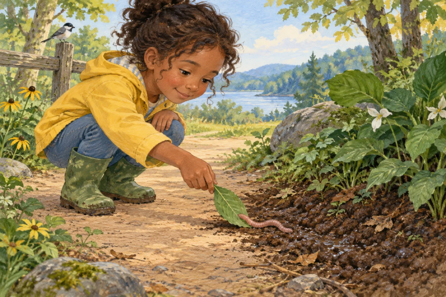 Dani using a leaf to move an earthworm toward damp soil beside a path.